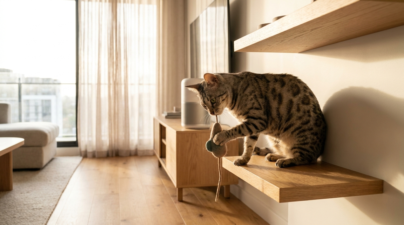 Curious cat in a sunlit modern apartment — Smart Cat Care by Kittle & Co