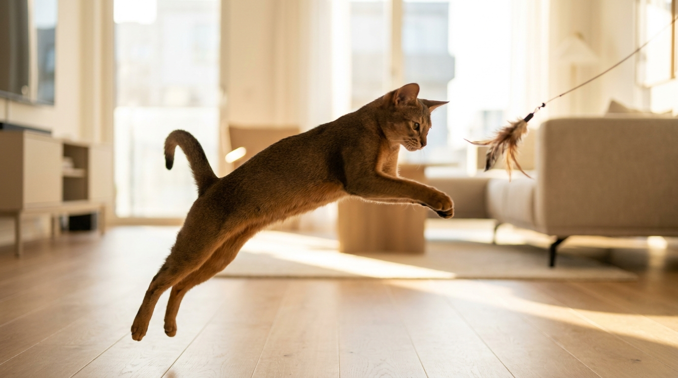 Athletic cat mid-pounce chasing a feather toy — Play collection by Kittle & Co
