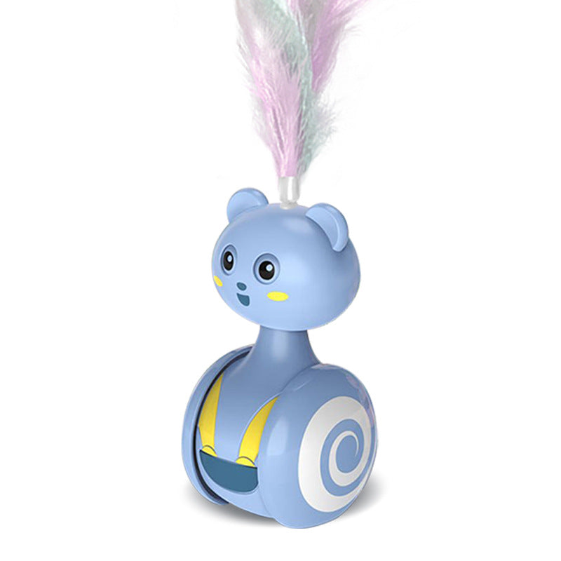 Feather Pounce Toy in powder blue — weighted wobble tumbler with feather topper