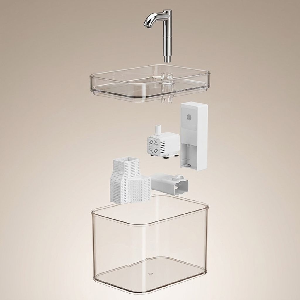 Smart Flow Water Fountain — exploded view of faucet spout, sensor, pump, filter box and tank