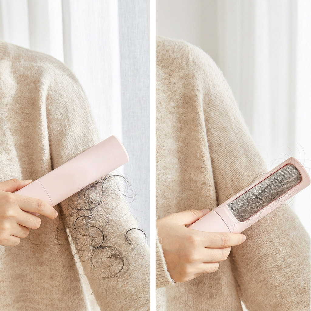 Reusable Cat Hair Roller lifting cat fur from a cream knit sweater — before and after