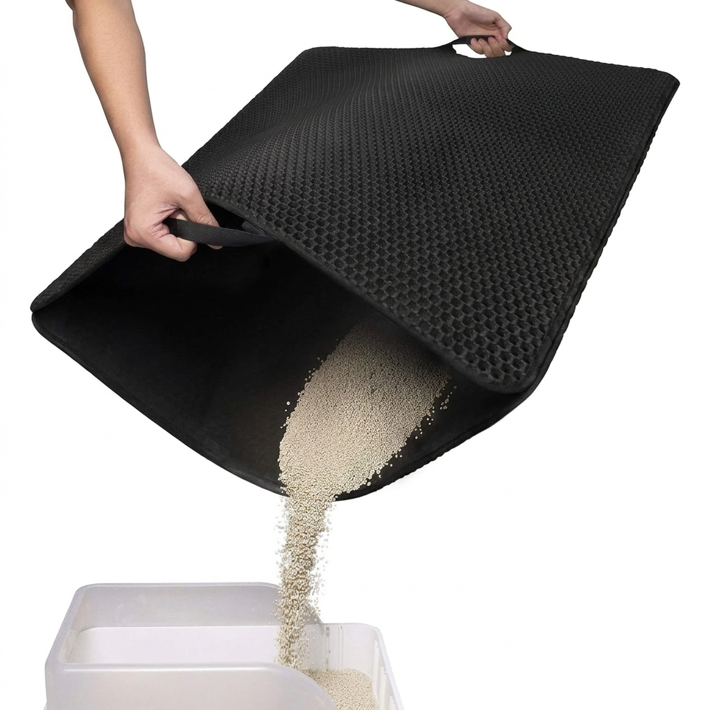 Litter Trap Mat — pouring trapped litter from between the double layers back into the box