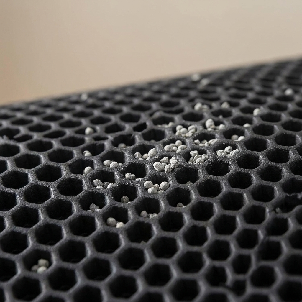 Litter Trap Mat in front of a hooded litter box with a cat stepping off