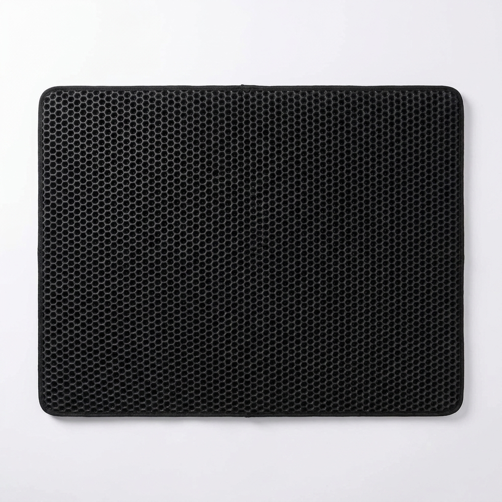 Close-up of the honeycomb surface trapping litter granules and waterproof backing